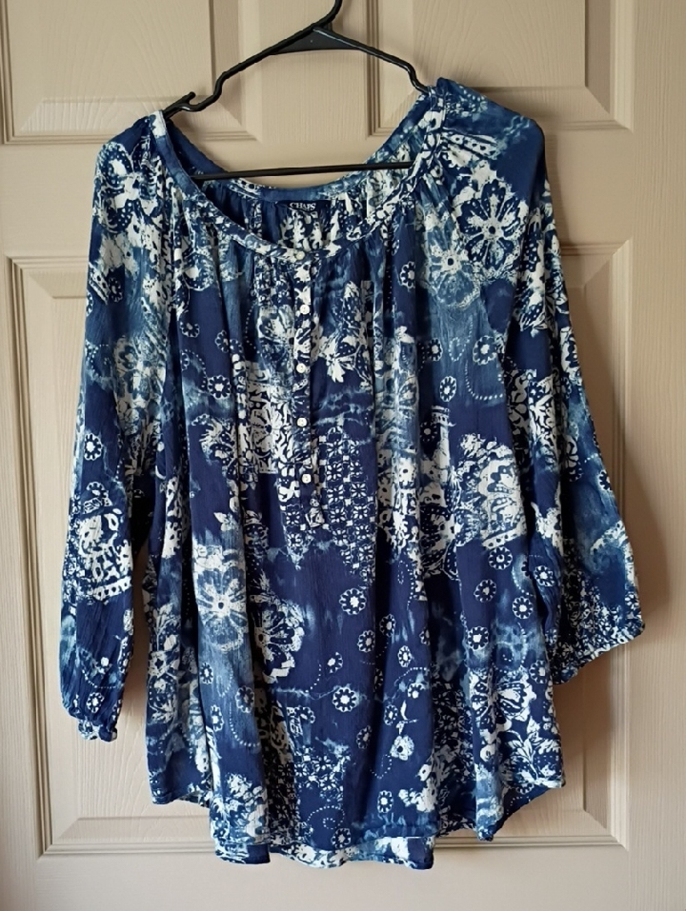 Chaps Navy Blue and White Peasant Blouse Tunic 100% Cotton 2xl